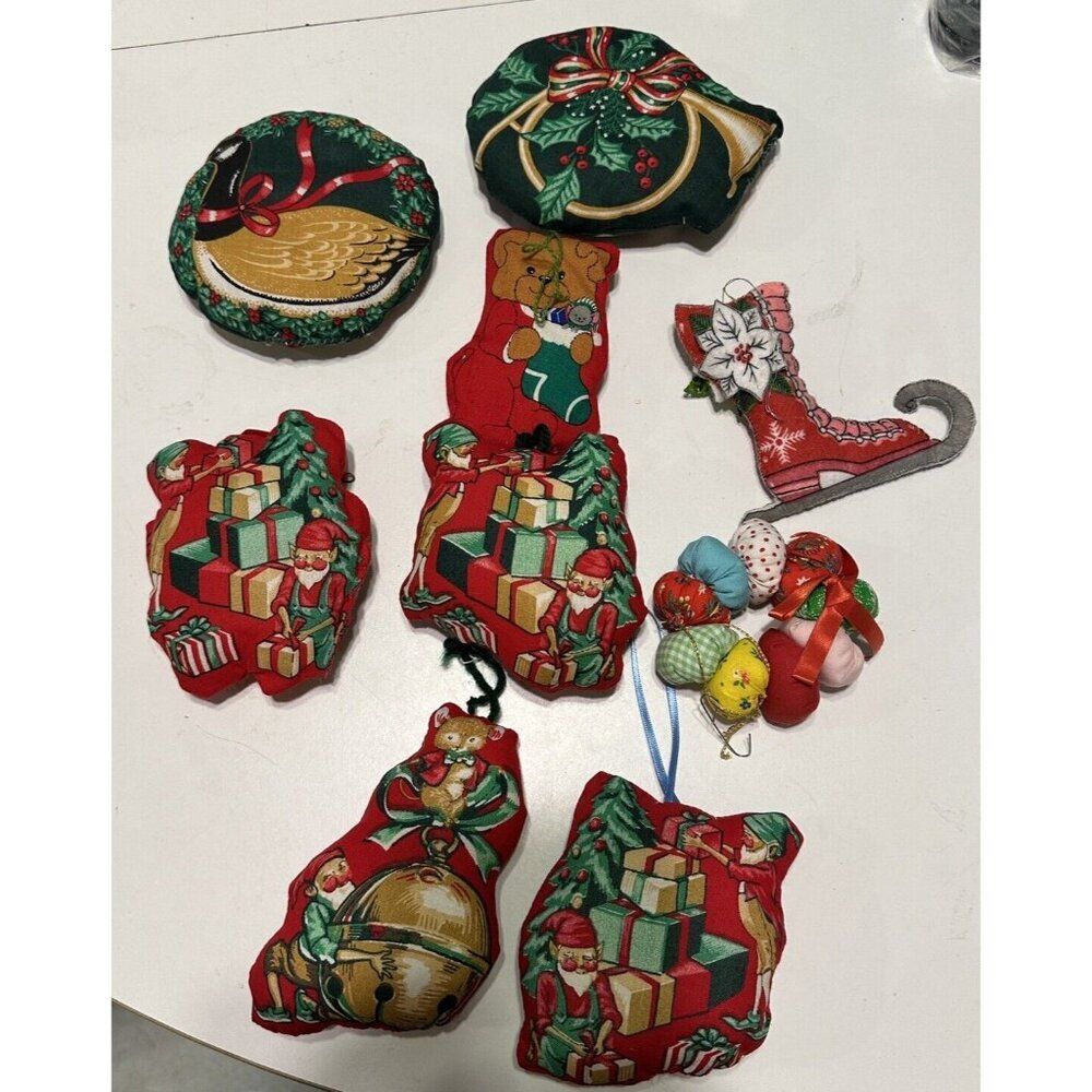 Vintage Handmade Poly-Filled Fabric Cut And Sew Christmas Ornaments Elf Bear